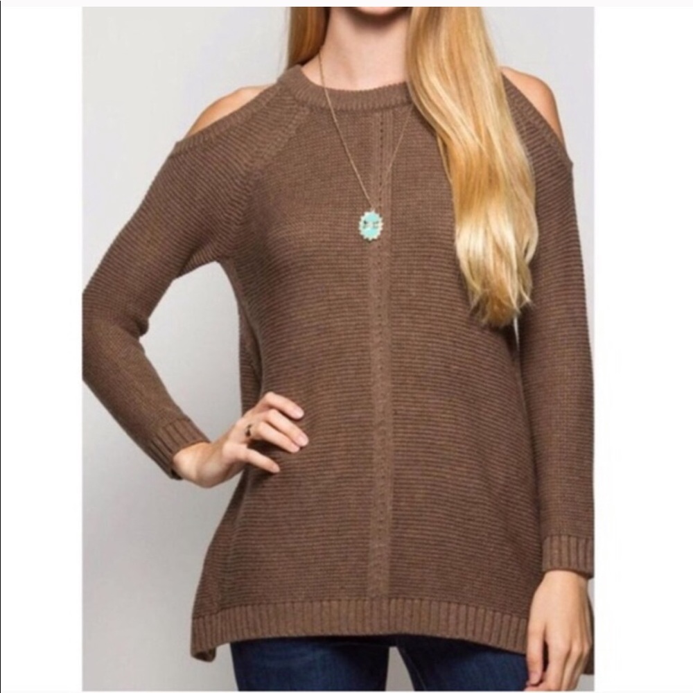 She + Sky cold shoulder mocha knit sweater
